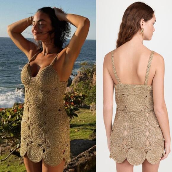 SIMON MILLER | NWT Beep Beep Mini Dress in Star Gold Lurex Crochet S - Picture 1 of 13